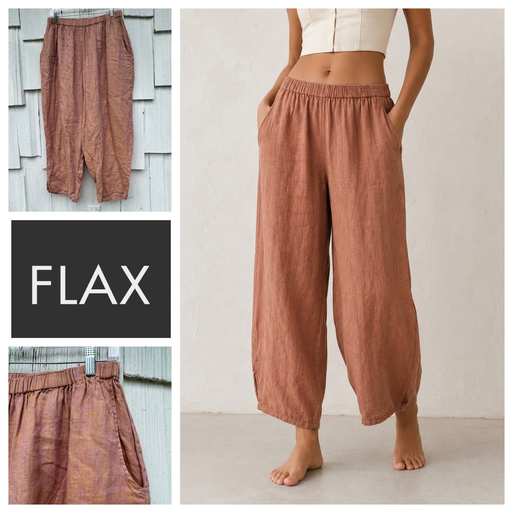 FLAX by Jeanne Engelhart 100% Linen Wide Leg Pants Terracotta Rose Gold Large